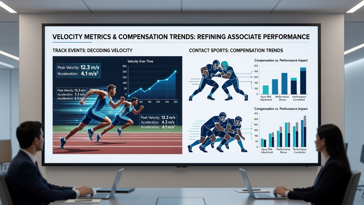 Data analysts reviewing compensation charts and velocity graphs for multi-sport performance modeling
